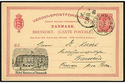 10 øre Våben helsagsbrevkort med tiltryk Hôtel Kongen af Danmark anvendt fra Kjøbenhavn d. 2.7.1888 til Fraustadt, Posen, Tyskland.