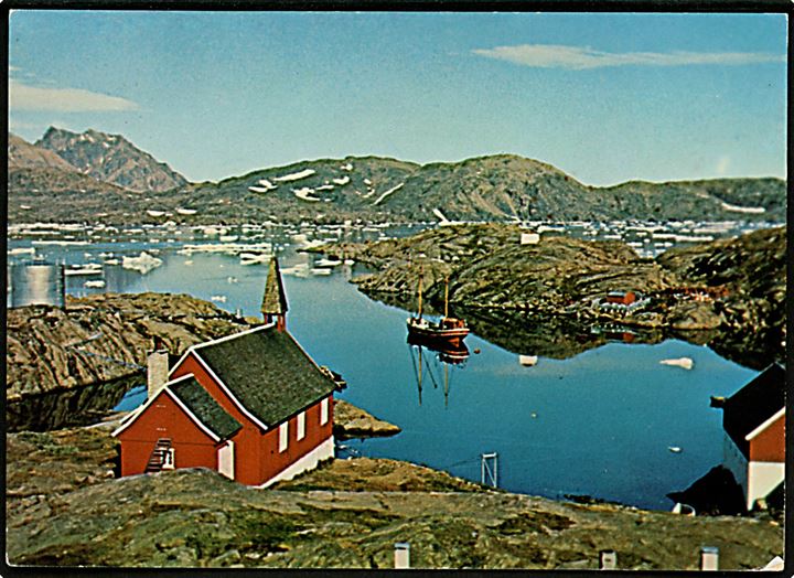 Grønlandsk fjord med kirke og fiskefartøj. Brugt i Narssarssuaq. G.I.R. Barfod & Co. u/no.