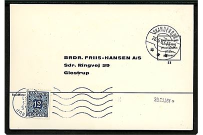 Ufrankeret svar-tryksagskort stemplet Skanderborg d. 26.5.1961 til firma Brdr. Friis-Hansen A/S i Glostrup. Udtakseret i enkeltporto med 12 øre Portomærke stemplet Glostrup d. 27.5.1961.