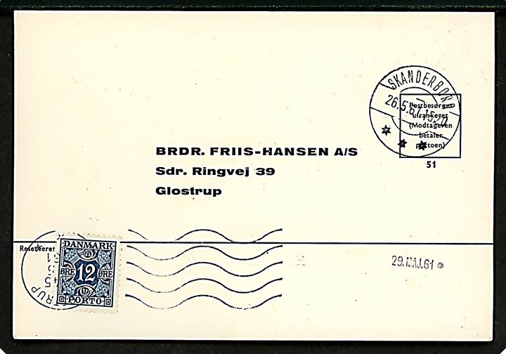 Ufrankeret svar-tryksagskort stemplet Skanderborg d. 26.5.1961 til firma Brdr. Friis-Hansen A/S i Glostrup. Udtakseret i enkeltporto med 12 øre Portomærke stemplet Glostrup d. 27.5.1961.