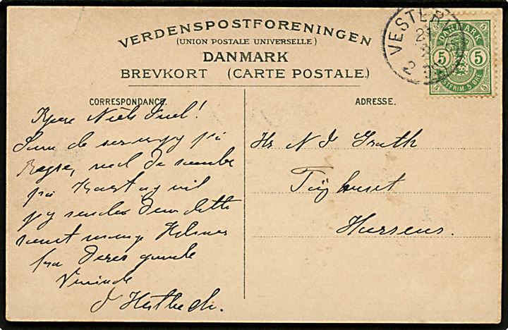 5 øre Våben på brevkort (Vestervigs Omegn) annulleret med lapidar Vestervig d. 21.8.1905 til Horsens. Lapidarstempel benyttet som reservestempel 1903-1905.