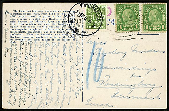 Amerikansk 1 cent Franklin (2) på underfrankeret brevkort fra Salt Lake City d. 17.9.1930 til Vordingborg, Danmark. Udtakseret i porto med 10 øre Portomærke annulleret brotype IIIc Vordingborg d. 2.10.1930.