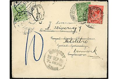 ½d og 1d George V på brev fra Wishaw Lanarkshire d. 18.9.1930 til den danske konsul i Grimsby. Eftersendt d. 26.9.1930 til Holstebro, Danmark og udtakseret enkeltporto med 10 øre Portomærke stemplet Holstebro d. 29.9.1930.