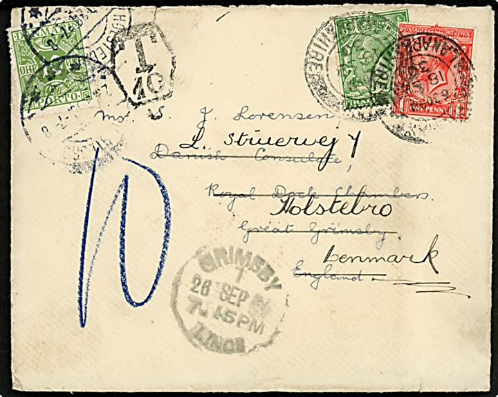 ½d og 1d George V på brev fra Wishaw Lanarkshire d. 18.9.1930 til den danske konsul i Grimsby. Eftersendt d. 26.9.1930 til Holstebro, Danmark og udtakseret enkeltporto med 10 øre Portomærke stemplet Holstebro d. 29.9.1930.