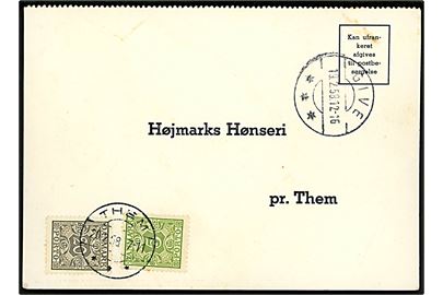 Ufrankeret svarbrevkort fra Give d. 19.2.1958 til Højmarks Hønseri pr. Them. Udtakseret i enkeltporto med 5 øre og 20 øre Portomærke stemplet Them d. 20.2.1958.