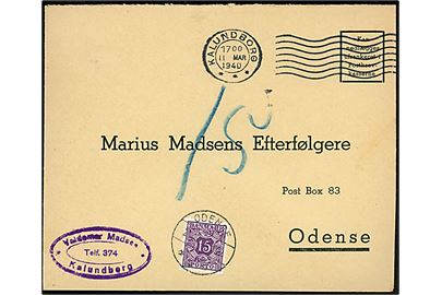 Ufrankeret svarbrev fra Kalundborg d. 11.3.1940 til Odense. Udtakseret i enkeltporto med 15 øre Portomærke stemplet Odense d. 12.3.1940.