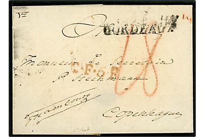 1818 (ca.) Francobrev med liniestempel BORDEAUX påskrevet Fr. Hambourg med rødt stempel C.F.5.R. og på bagsiden stempel Hamburg F.TH.u.TAX.O.P.A. d. 14.4.(ca. 1818) til P. Steinmann, København, Danmark. Flere portopåtegninger. 