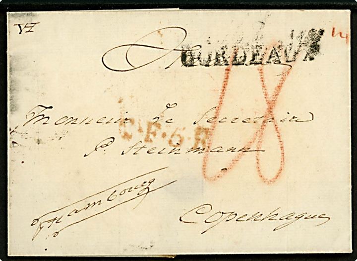 1818 (ca.) Francobrev med liniestempel BORDEAUX påskrevet Fr. Hambourg med rødt stempel C.F.5.R. og på bagsiden stempel Hamburg F.TH.u.TAX.O.P.A. d. 14.4.(ca. 1818) til P. Steinmann, København, Danmark. Flere portopåtegninger. 