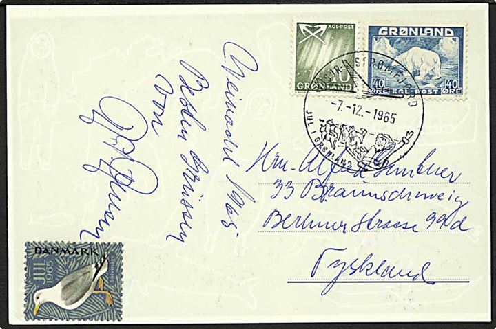 10 øre Nordlys og 40 øre Isbjørn, samt dansk Julemærke 1965 på brevkort (Usugdlup Sermia, Grønland) annulleret med julestempel fra Sdr. Strømfjord d. 7.12.1965 til Braunschweig, Tyskland.
