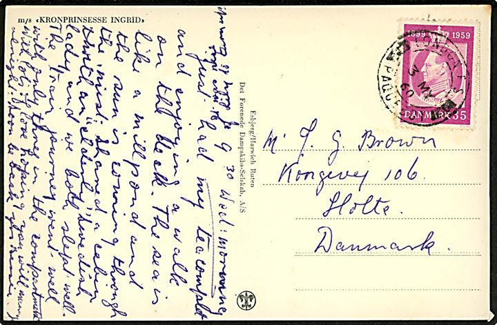 35 øre Fr. IX 60 år på brevkort (M/S Kronprinsesse Ingrid) annulleret med britisk skibsstempel London F.S. Paquebot d. 3.5.1960 til Holte, Danmark.