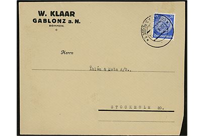 Sudetenland. Tysk 25 pfg. Hindenburg på brev fra annulleret med udslebet 2-sproget stempel fra Gablonz a. d. Neisse d. 22.10.1938 til Stockholm, Sverige.