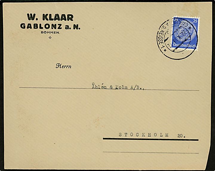 Sudetenland. Tysk 25 pfg. Hindenburg på brev fra annulleret med udslebet 2-sproget stempel fra Gablonz a. d. Neisse d. 22.10.1938 til Stockholm, Sverige.