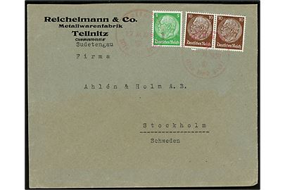 Sudetenland. 5 pfg. og 10 pfg. (2) Hindenburg på brev annulleret med rødt provisorisk stempel Tellnitz Wir sind Frei ! d. 17.11.1938 til Stockholm, Sverige. 