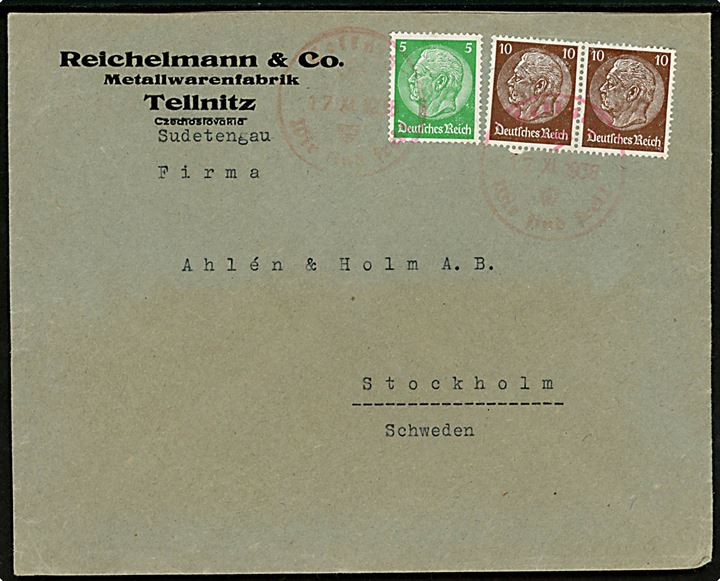 Sudetenland. 5 pfg. og 10 pfg. (2) Hindenburg på brev annulleret med rødt provisorisk stempel Tellnitz Wir sind Frei ! d. 17.11.1938 til Stockholm, Sverige. 
