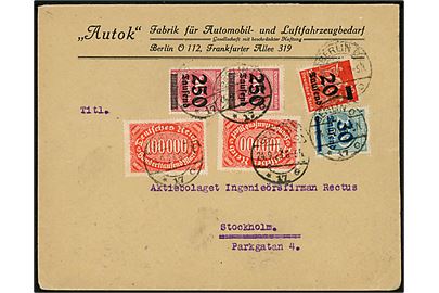 20.000/12 mk., 30.000/200 mk., 250.000/500 mk. (par) Provisorium og 100.000 mk. Ciffer (2) på 750.000 mk. frankeret brev fra Berlin d. 24.9.1923 til Stockholm, Sverige.