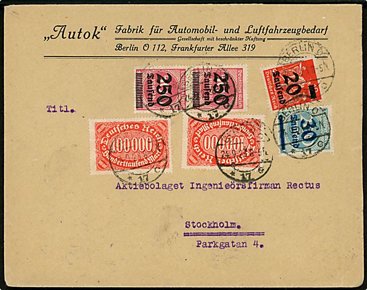 20.000/12 mk., 30.000/200 mk., 250.000/500 mk. (par) Provisorium og 100.000 mk. Ciffer (2) på 750.000 mk. frankeret brev fra Berlin d. 24.9.1923 til Stockholm, Sverige.