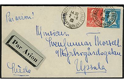 90 c. Berthelot og 1 fr. Pasteur på luftpostbrev fra Marseille d. 2.8.1932 via Paris og Malmö Luftpost d. 3.8.1932 til Upsala, Sverige.