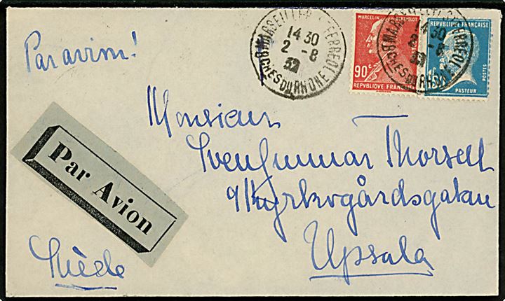 90 c. Berthelot og 1 fr. Pasteur på luftpostbrev fra Marseille d. 2.8.1932 via Paris og Malmö Luftpost d. 3.8.1932 til Upsala, Sverige.
