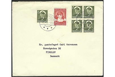 1 øre Fr. IX i single og fireblok, samt 30 øre Knud Rasmussen på brev fra Frederikshåb d. 12.3.1965 til Tinglev, Danmark.