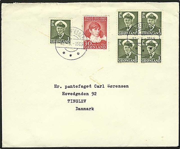 1 øre Fr. IX i single og fireblok, samt 30 øre Knud Rasmussen på brev fra Frederikshåb d. 12.3.1965 til Tinglev, Danmark.