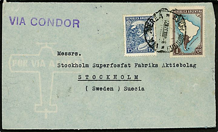 15 c. og 1 peso på luftpostbrev fra Buenos Aires d. 9.6.1937 til Stockholm, Sverige. Violet stempel VIA CONDOR og på bagsiden rammestempel Condor-Lufthansa 250e travesia aerea del Atlantico Sud