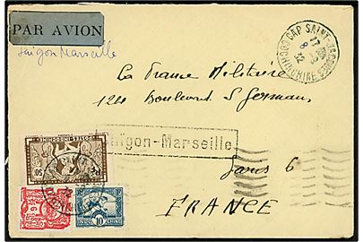 6 c., 10 c. og 50 c. blandingsfrankeret luftpostbrev fra Cap Saint Jacoues Cochinchine d. 8.9.1932 via Saigon og Marseille til Paris, Frankrig. Rammestempel Saïgon - Marseille.