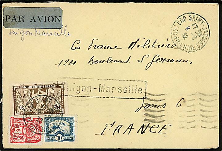 6 c., 10 c. og 50 c. blandingsfrankeret luftpostbrev fra Cap Saint Jacoues Cochinchine d. 8.9.1932 via Saigon og Marseille til Paris, Frankrig. Rammestempel Saïgon - Marseille.