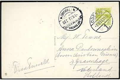 12 øre Bølgelinie på brevkort sendt som tryksag fra Odense d. 2.10.1953 til s'Gravenhage, Holland. Fejlsendt til den danske Kommando i Tyskland med transit stempel d. 3.10.1953.