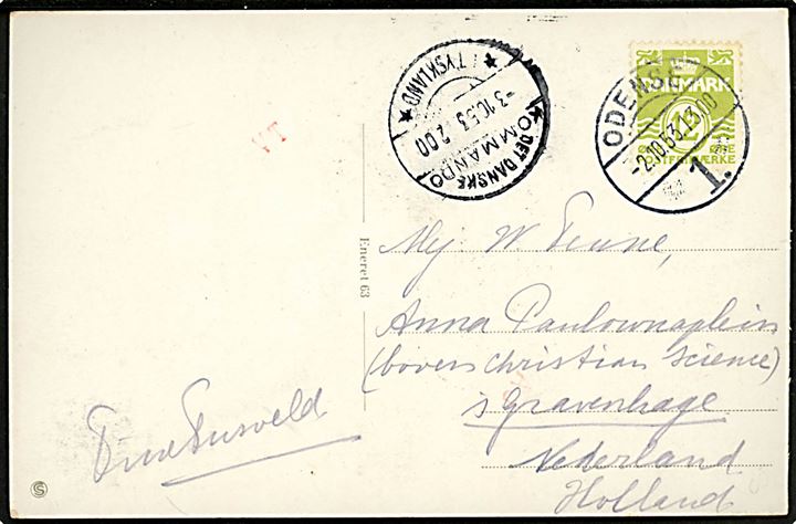 12 øre Bølgelinie på brevkort sendt som tryksag fra Odense d. 2.10.1953 til s'Gravenhage, Holland. Fejlsendt til den danske Kommando i Tyskland med transit stempel d. 3.10.1953.
