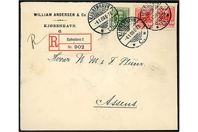 5 øre og 10 øre (2) Fr. VIII på anbefalet brev fra Kjøbenhavn d. 4.1.1909 til Assens.