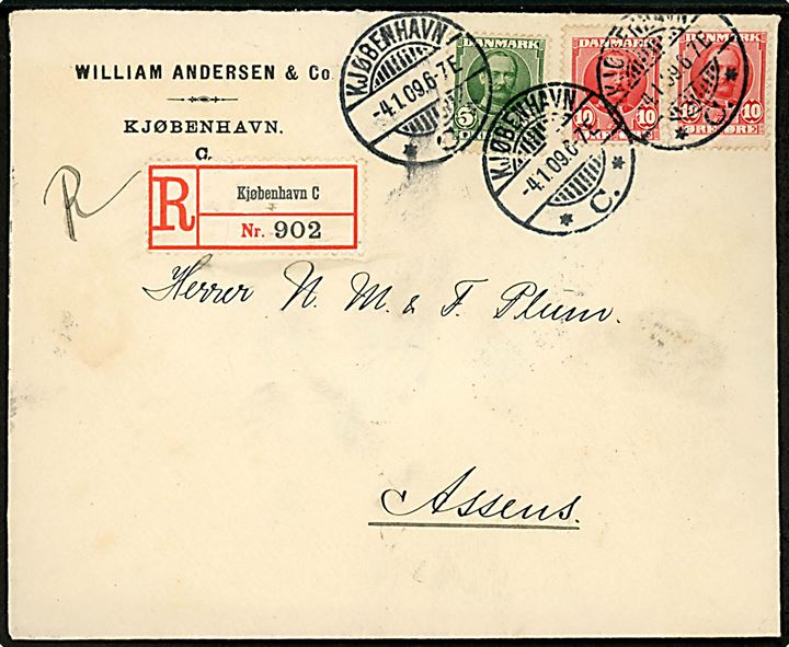 5 øre og 10 øre (2) Fr. VIII på anbefalet brev fra Kjøbenhavn d. 4.1.1909 til Assens.