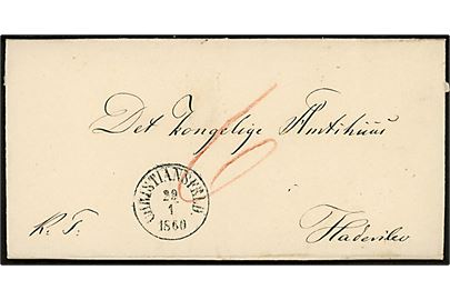 1860. Tjenestebrev mærket K.T. med fuldt indhold dateret Tyrstrup Præstegaard med antiqua Christiansfeld. d. 29.1.1860 til det kongelige Amtshuus i Haderslev. Påskrevet 6 sk. porto.