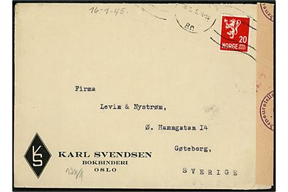 20 øre Løve på brev fra Oslo d. 16.1.1945 til Göteborg, Sverige. Åbnet af tysk censur med sen fortrykt banderole Zensurstelle O (= Oslo).