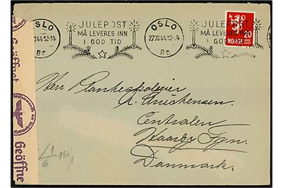 20 øre Løve på brev fra Oslo d. 27.11.1944 til Haarby, Danmark. Åbnet af tysk censur i Oslo med fortrykt OKW banderole med rødt stempel: Zensurstelle O.