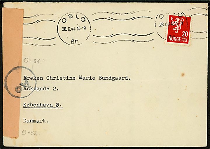 20 øre Løve på brev fra Oslo d. 28.6.1944 til København, Danmark. Neutral rødlig banderole stemplet Ao i Oslo.