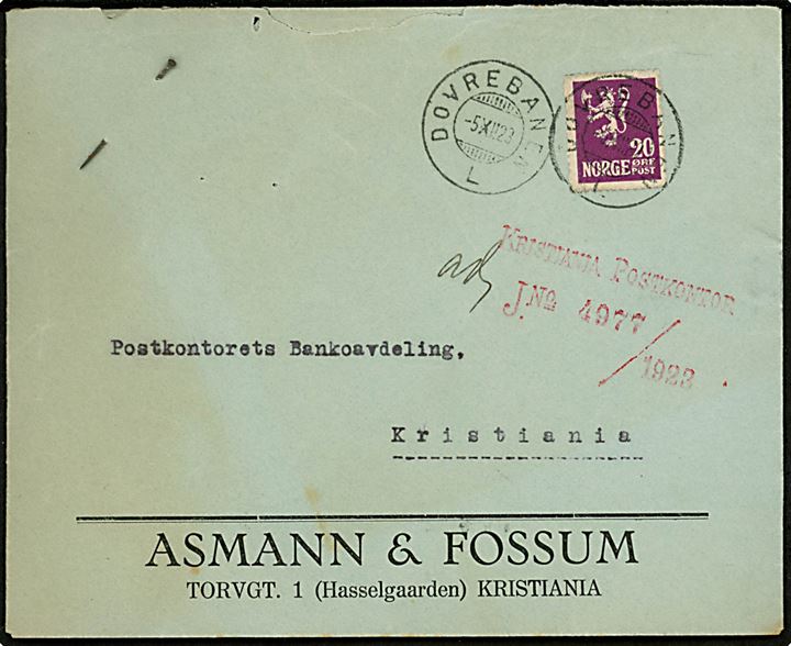 20 øre Løve på brev annulleret med bureaustempel Dovrebanen L d. 5.12.1923 til Postkontorets Bankoavdeling i Kristiania. Rødt kontorstempel.
