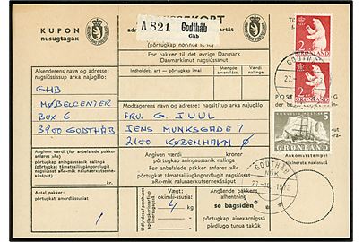2 kr. Isbjørn (par) og 5 kr. Ishavsskib på adressekort for pakke fra Godthåb d. 27.10.1972 til København.