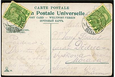 5 h. Franz Joseph (2) på brevkort annulleret Jerusalem Österr. Post d. 27.8.1910 til Østrig. Begge mærker med skader.