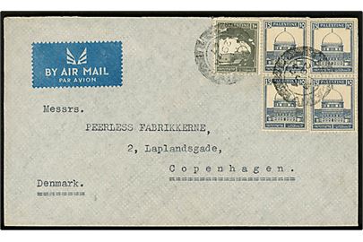 10 mills. og 15 mills. (fireblok) på luftpostbrev fra Tel Aviv d. 29.1.1947 til København, Danmark.