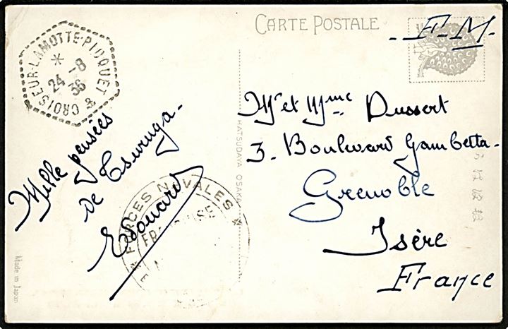 Ufrankeret flådepostkort (Tsuruga, Japan) mærket F.M. og stemplet Croiseur Lamotte-Picquet d. 24.8.1936 til Grenoble, Frankrig. Sendt fra fransk krydser Lamotte-Picquet under flådebesøg i Japan. 