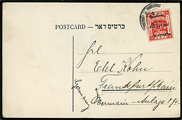 8 mills EEF Palestine provisorium på brevkort fra Tel Aviv d. 30.11.1925 til Frankfurt, Tyskland.