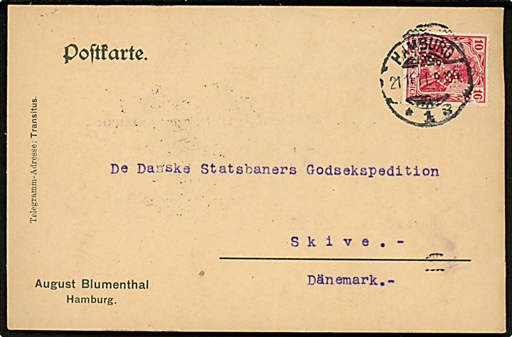 Tysk 10 pfg. Germania med perfin AUG.BLU. på brevkort fra firma August Blumenthal i Hamburg d. 21.11.1911 til Skive, Danmark. På bagsiden ovalt jernbanestempel: Skive Godseksp. * D.S.B. * d. 25.11.1911.
