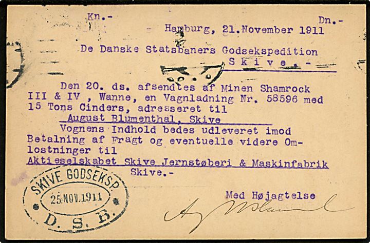 Tysk 10 pfg. Germania med perfin AUG.BLU. på brevkort fra firma August Blumenthal i Hamburg d. 21.11.1911 til Skive, Danmark. På bagsiden ovalt jernbanestempel: Skive Godseksp. * D.S.B. * d. 25.11.1911.