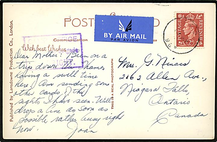 2d George VI på luftpost brevkort annulleret F.P.O. 969 (= Coronation Camp, Surrey) d. ?.5.1953 til Ontario, Canada. Violet stempel: Camp Office Household Brigade Pirbright Camp. Særlig feltpostkontor benyttet i forbindelse med de britiske kronings højtideliger i 1953.
