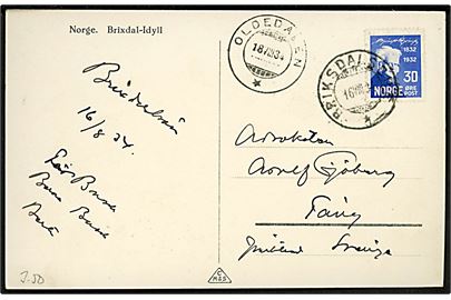 30 øre Bjørnson på brevkort (Brixdal-Idyll) annulleret Breksdalsbre d. 16.8.1934 via Oldedalen d. 18.8.1934 til Sverige.