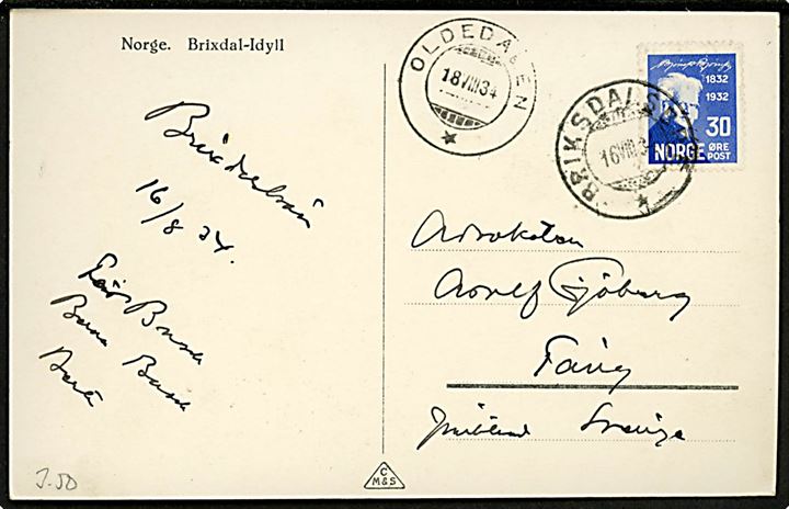 30 øre Bjørnson på brevkort (Brixdal-Idyll) annulleret Breksdalsbre d. 16.8.1934 via Oldedalen d. 18.8.1934 til Sverige.