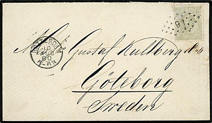 12½ c. Willem III på brev annulleret med nr.stempel 91 og sidestemplet Rotterdam d. 10.8.1880 til Göteborg, Sverige.