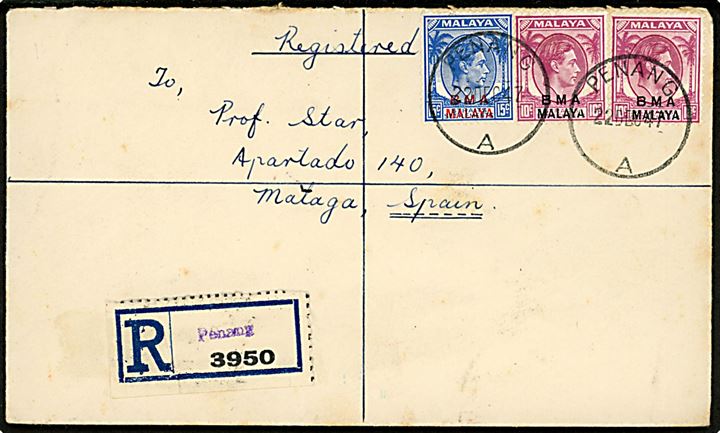 10 c. (2) og 15 c. George VI BMA MALAYA Provisorium på anbefalet brev fra Penang d. 22.12.1947 til Malaga, Spanien.