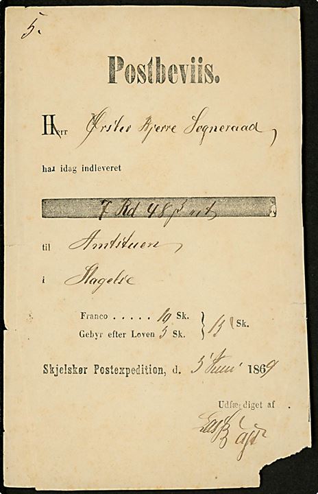 Postbeviis fra Skjelskør Postexpedition d. 5.6.1869 for indlevering af 7 Rd. 48 sk. fra Ørslev Bjerre Sogneraad til Amtsstuen i Slagelse.