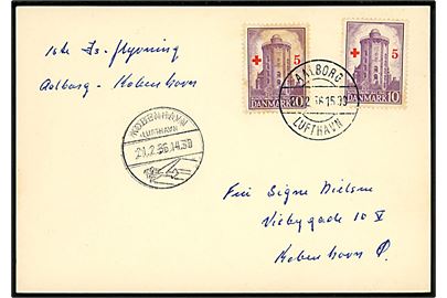 10+5 øre Røde Kors (2) på filatelistisk is-luftpost brevkort annulleret med brotype IId Aalborg Lufthavn d. 21.2.1956 til København.